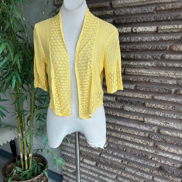 Nina Leonard Bright Yellow Lace Mesh Trim Open Drape Cardigan Sweater Size M - Picture 5 of 7